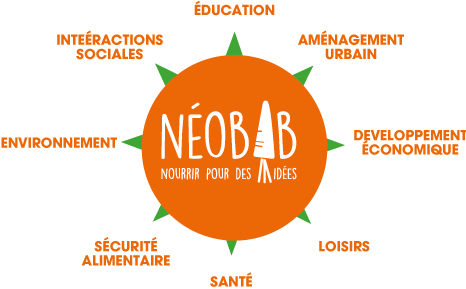 Fonctions apportées par les fermes urbaines conçues et aménagées par NEOBAB : Education, aménagement urbain, développement économique, loisirs, santé, sécurité alimentaire, environnement, intéractions sociales