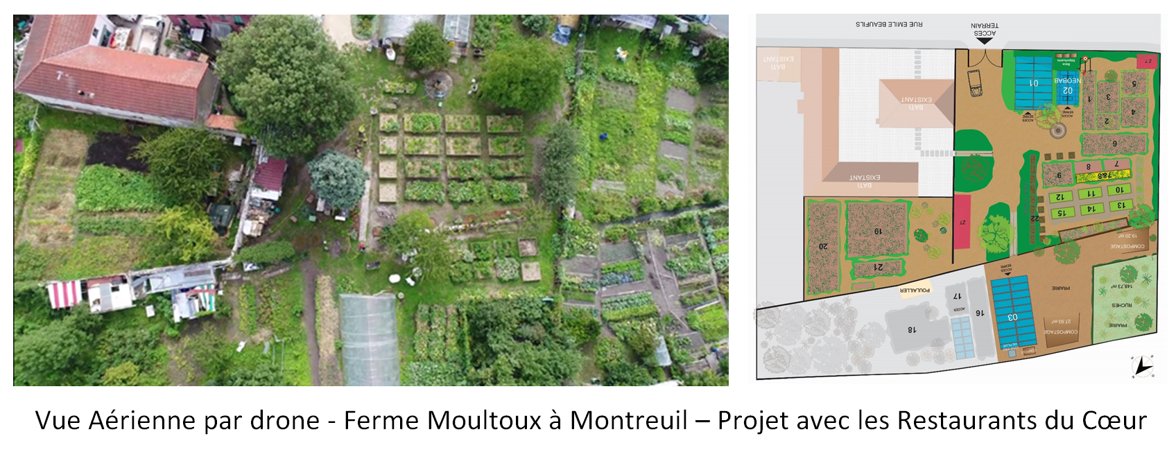 Vue aérienne par drone - Ferme Moultoux à Montreuil - Projet d'aménagement paysager et végétalisation avec les Restaurants du Coeur